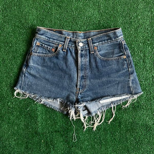 LEVI'S 501 DARKWASH DENIM CUT OFF JEAN SHORTS JORTS DISTRESSED RED TABS SZ 27